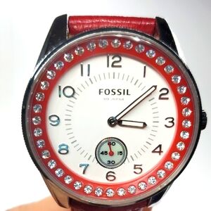 Fossil Watch AM-4188 Silver Watch Red Leather Band Crystal Bling